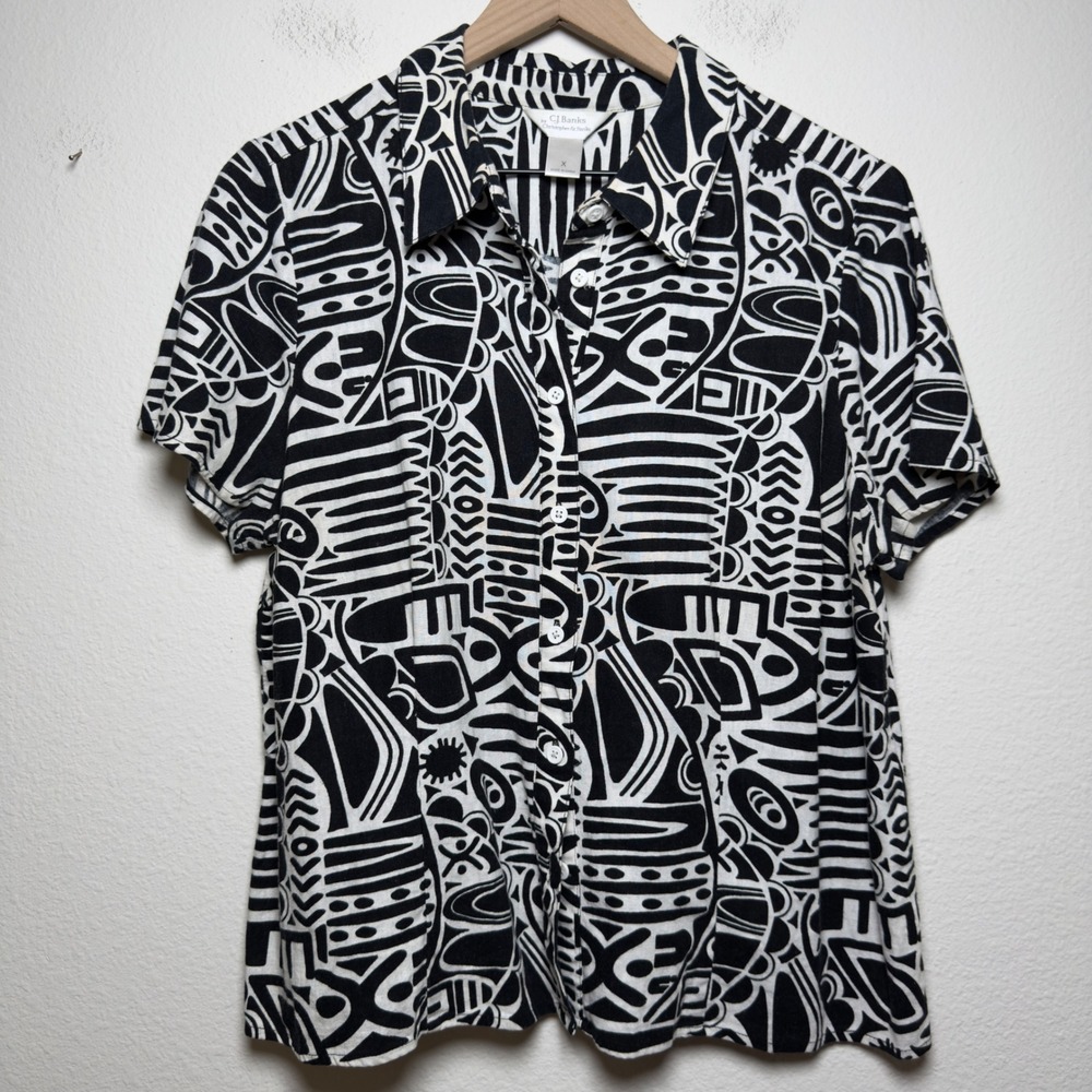 Women Linen Button Front Abstract Shirt XL Black White Artsy Tribal Safari